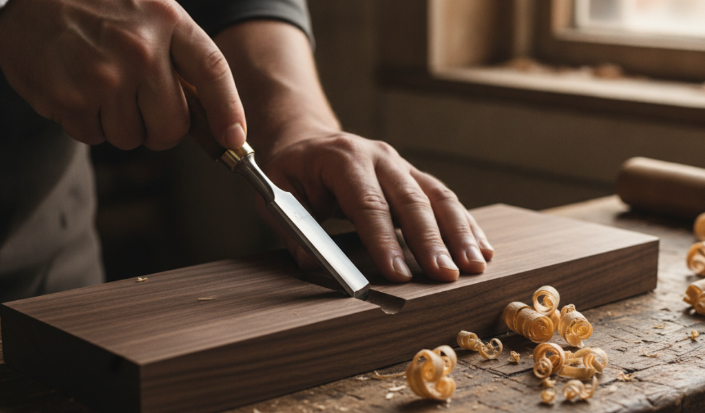 using a round wooden carver's mallet to gently tap a gouge chisel into a detailed walnut relief carving.