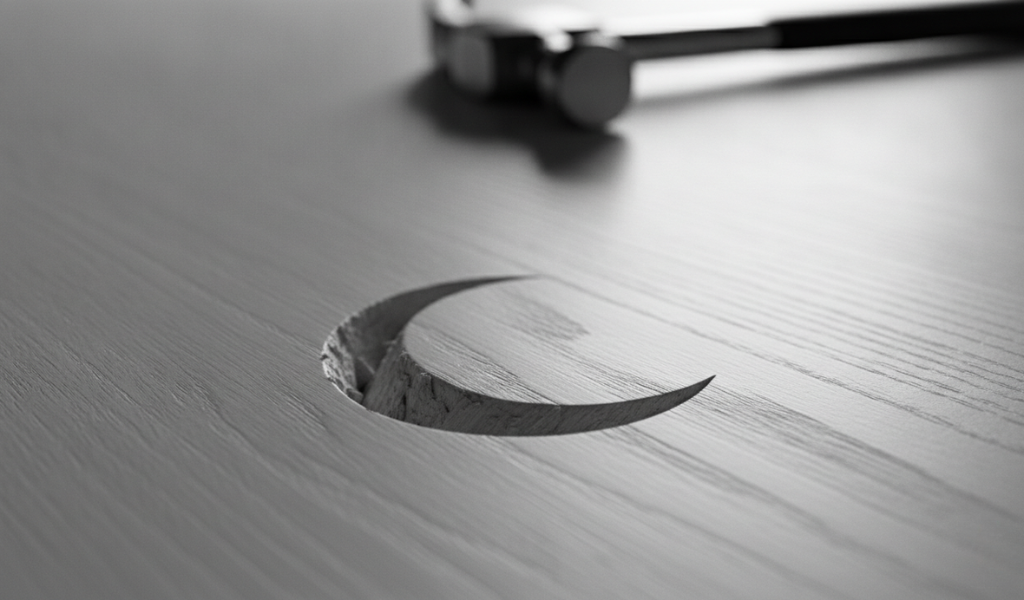 Crescent-shaped dent in a polished wood tabletop surface caused by a misplaced blow from a metal hammer.