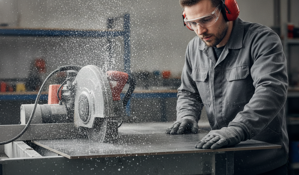 A professional contractor with an electric wet saw.