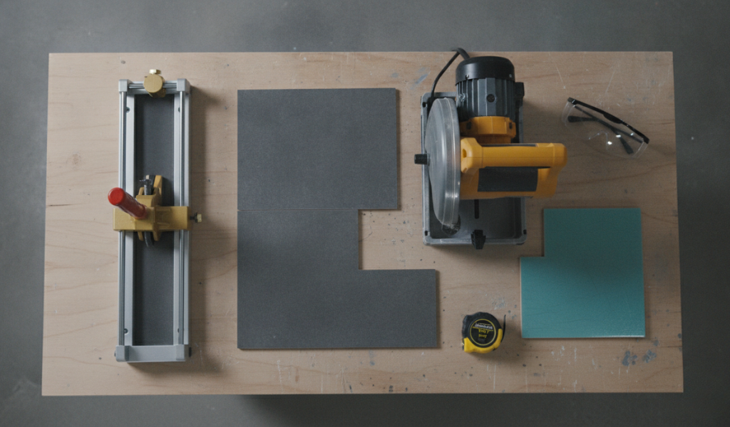 Side-by-side comparison of a compact red manual tile cutter and a tabletop electric wet saw.