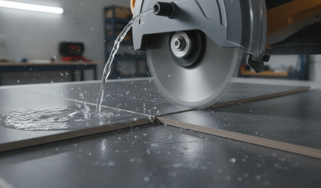 An electric wet saw cutting an intricate L-shape corner cut.
