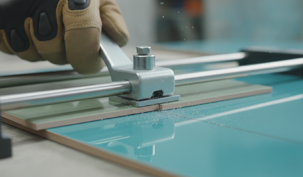 The moment of impact as the breaker foot of a manual tile cutter applies downward force