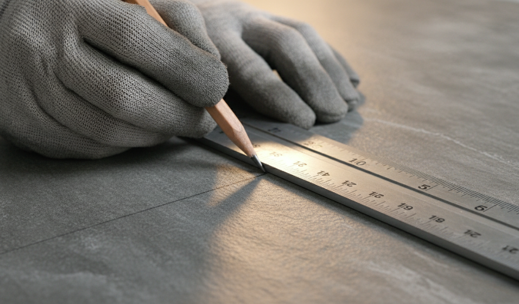 Use a steel square ruler and a pencil to mark a cutting line on a textured porcelain tile.