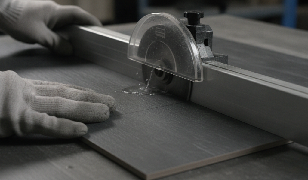 Porcelain tile along the metal fence of an electric tile cutter.