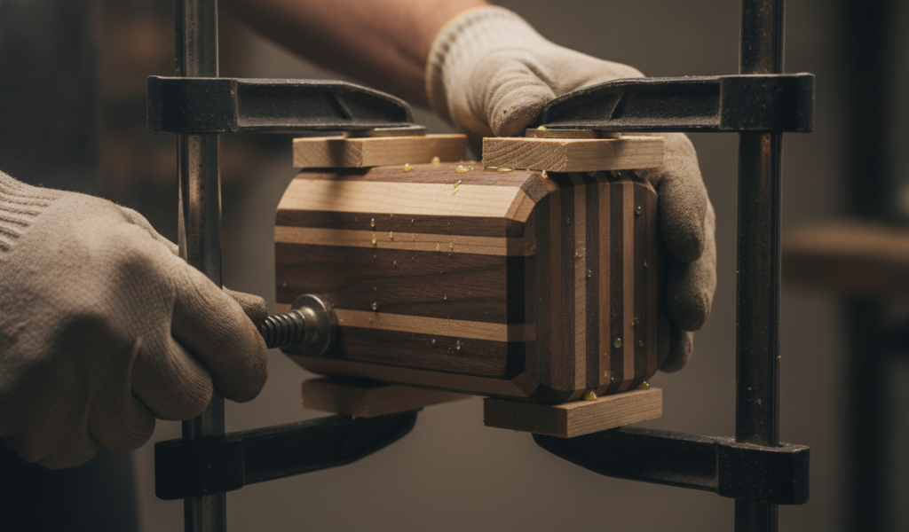 A woodworker tightening heavy steel bar clamps around the laminated wooden mallet head block to squeeze out excess glue.