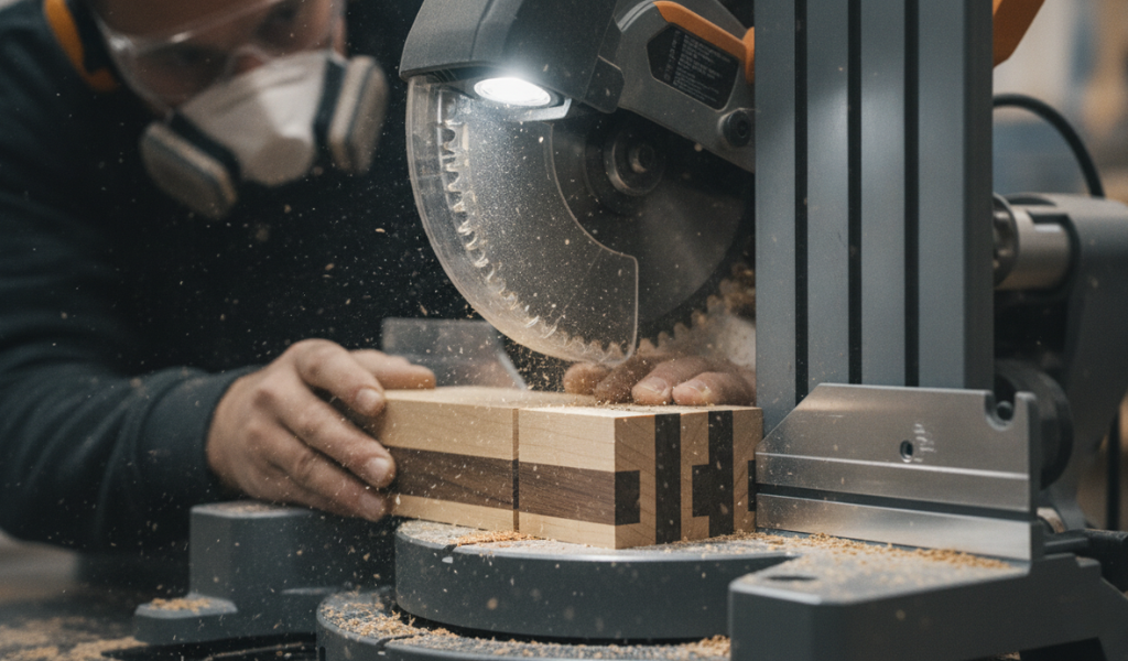 A miter saw cutting a precise 2-degree angle on the face of a laminated wood mallet block to match its swinging arc.
