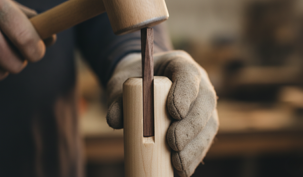 Tapping a thin contrasting wedge into the top end of the mallet handle using another mallet to expand and lock the head in place.