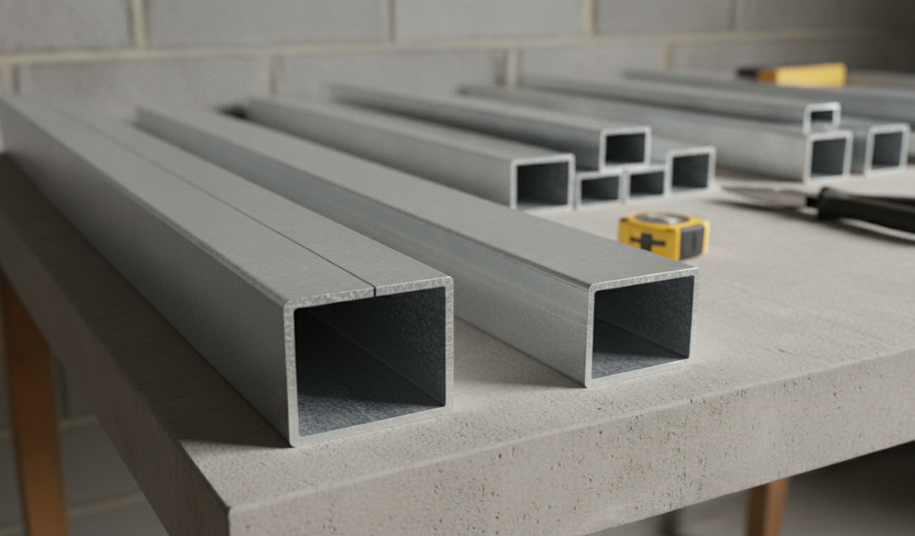 Close-up of various galvanized steel C-channel and U-channel metal studs