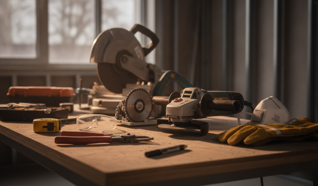 A collection of essential tools for cutting metal studs, including aviation snips, an angle grinder, a circular saw with a metal blade, and safety glasses.