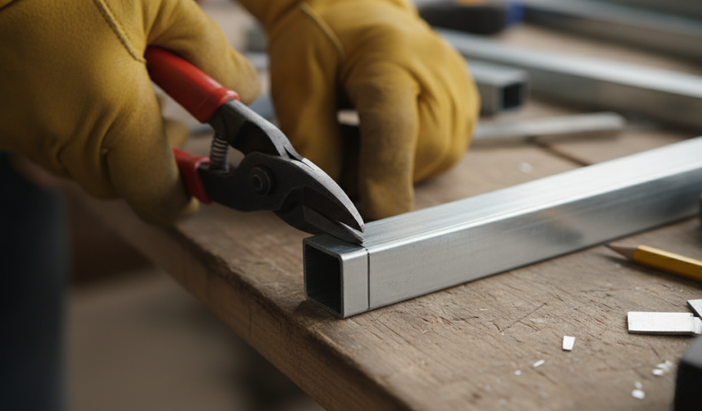 Use aviation snips to cut the flange of a light-gauge metal stud along a marked line.