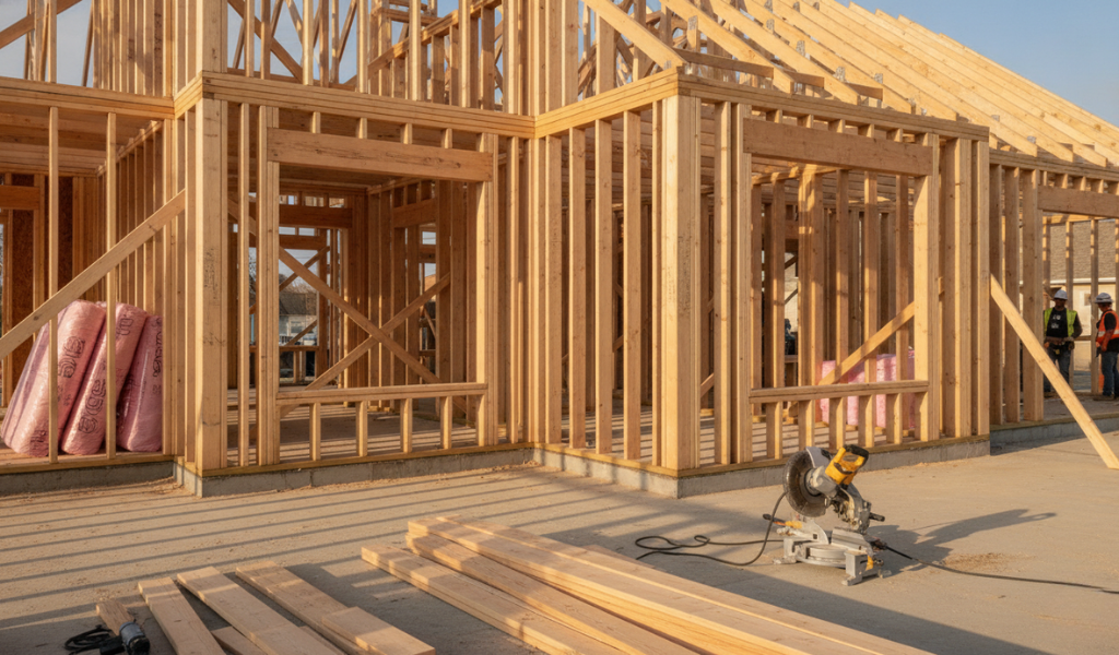A traditional residential home under construction, with visible wooden studs