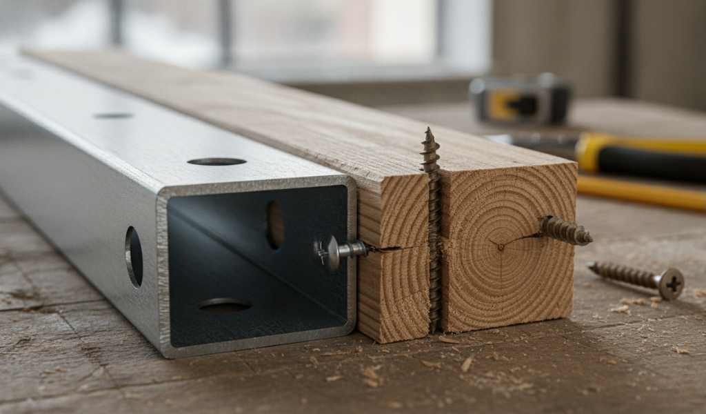 Close-up comparison of a metal stud and a wooden stud