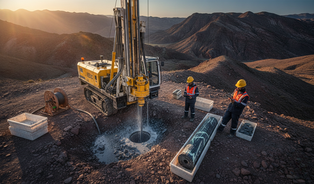 A high-angle shot of a tracked drilling rig on a rugged hillside