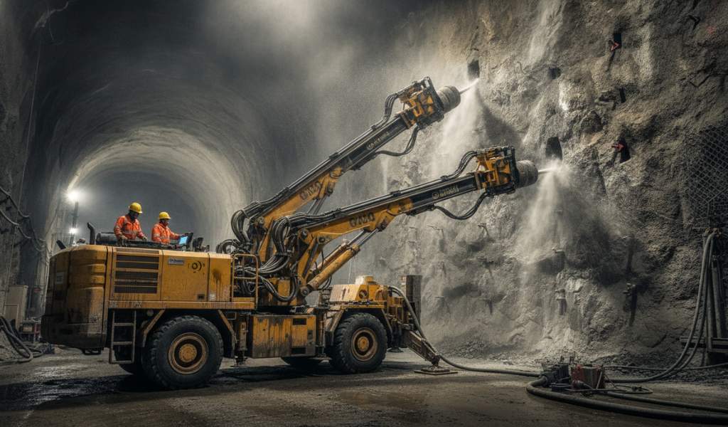 A powerful yellow jumbo drill rig with two arms actively drilling into a rock face inside a dimly lit tunnel
