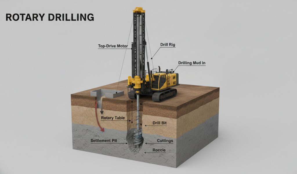 A clear diagram of a rotary drilling setup
