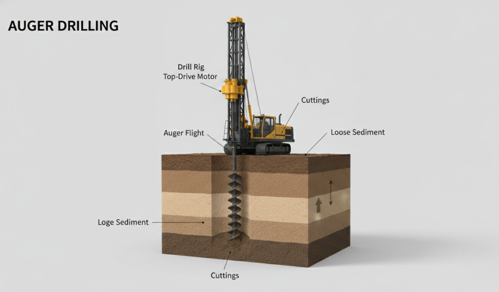An illustration of auger drilling, with a drill rig and top-drive motor operating an auger