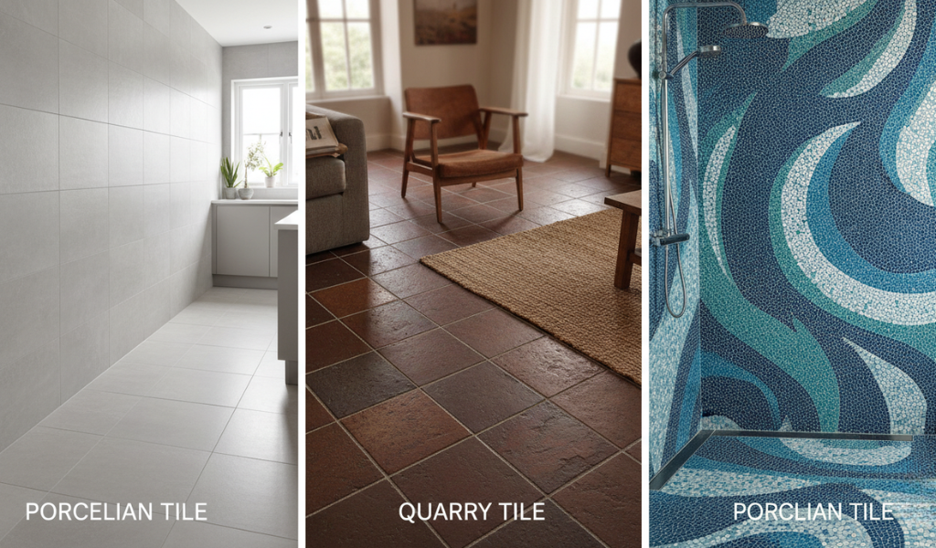  A triptych showing different tile types in various home settings: light grey porcelain tiles in a modern kitchen, rustic red-brown quarry tiles in a cozy living room, and an intricate blue mosaic porcelain tile design in a shower