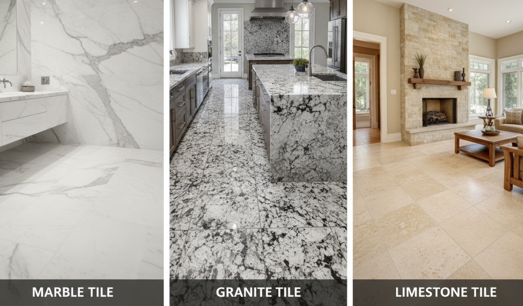 A visual comparison of three natural stone tile types: white marble tile with prominent veining in a luxurious bathroom, speckled black and white granite tile flooring in a modern kitchen, and warm beige limestone tile in a living room with a stone fireplace