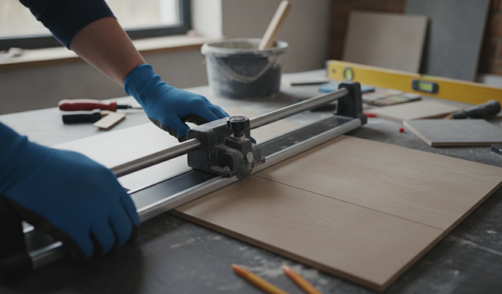 A person wearing blue gloves is operating a manual tile cutter