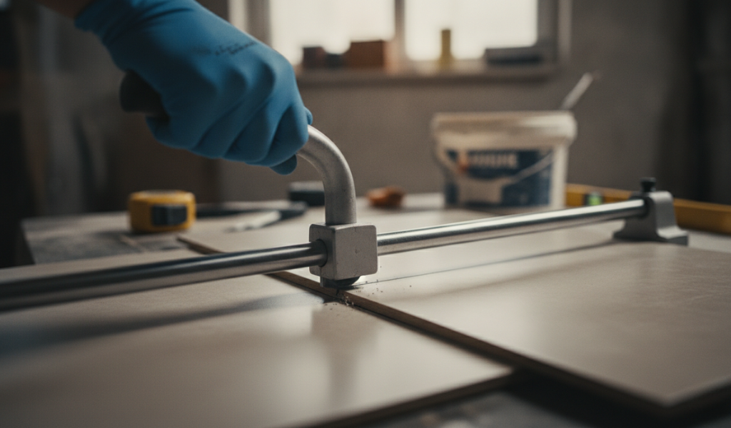 A close-up shot of a person's gloved hand pressing down the handle of a manual tile cutter to snap a scored tile