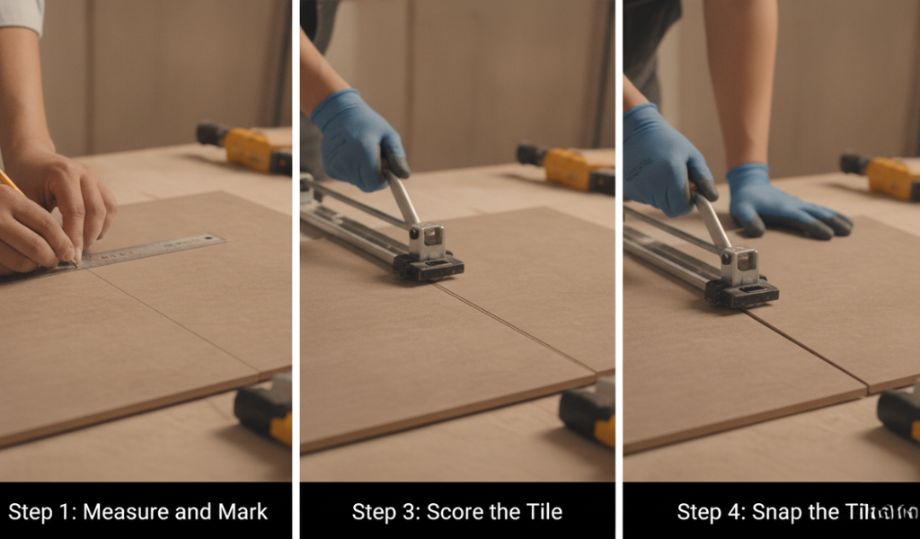  Manual tile cutter, precisely scoring a large light brown tile, with other tiles, tools, and construction materials