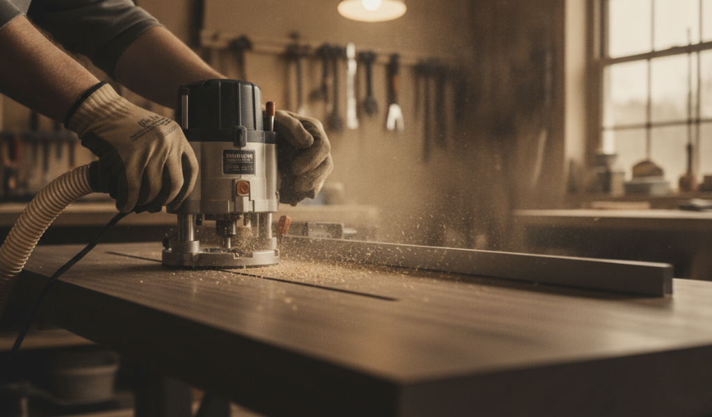 Close-up of gloved hands operating a wood router with a dust collection hose attached,