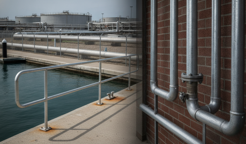 A split image showing the diverse applications of galvanized pipes. On the left, galvanized railings and fences protect a waterfront industrial facility with large storage tanks in the background. On the right, galvanized pipes run vertically along a brick wall, showcasing plumbing or industrial lines.