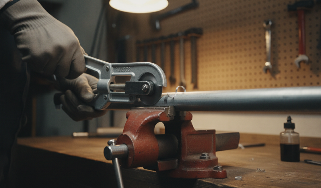 Close-up of gloved hands operating a pipe cutter on a galvanized pipe secured in a red vise on a workbench in a workshop.