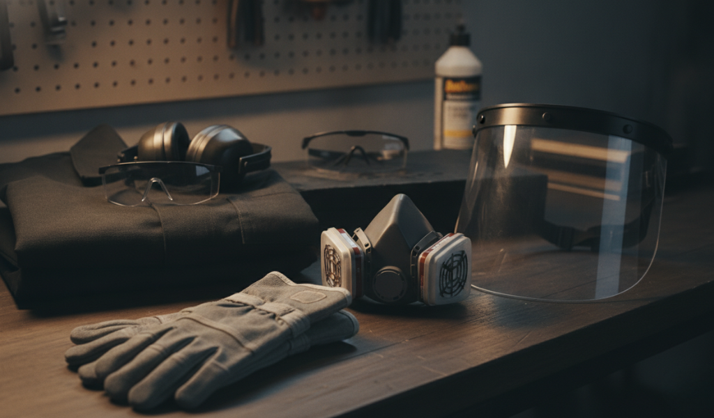 A collection of personal protective equipment (PPE) laid out on a workbench, including a respirator mask, clear face shield, safety glasses, hearing protection earmuffs, and work gloves, emphasizing safety before cutting galvanized pipe