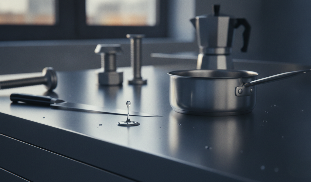 A drop of water stands perfectly beaded on a sleek stainless steel kitchen counter, with a stainless steel saucepan, knife, and bolts in the background, illustrating the material's water resistance.