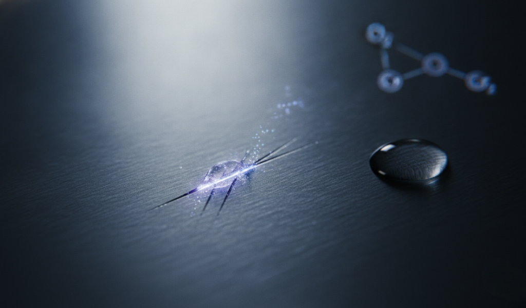 A close-up of a scratched stainless steel surface, with a glowing, ethereal substance appearing to repair the scratch, symbolizing the self-healing chromium oxide layer, and a water droplet nearby.
Image