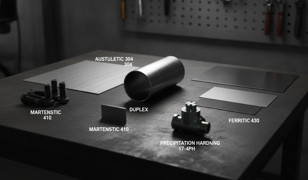 A variety of stainless steel components and sheets are displayed on a dark workbench, with labels indicating different grades like "Austenitic 304," "Martensitic 410," "Duplex," "Ferritic 430," and "Precipitation Hardening 17-4PH," illustrating the diversity of stainless steel types.