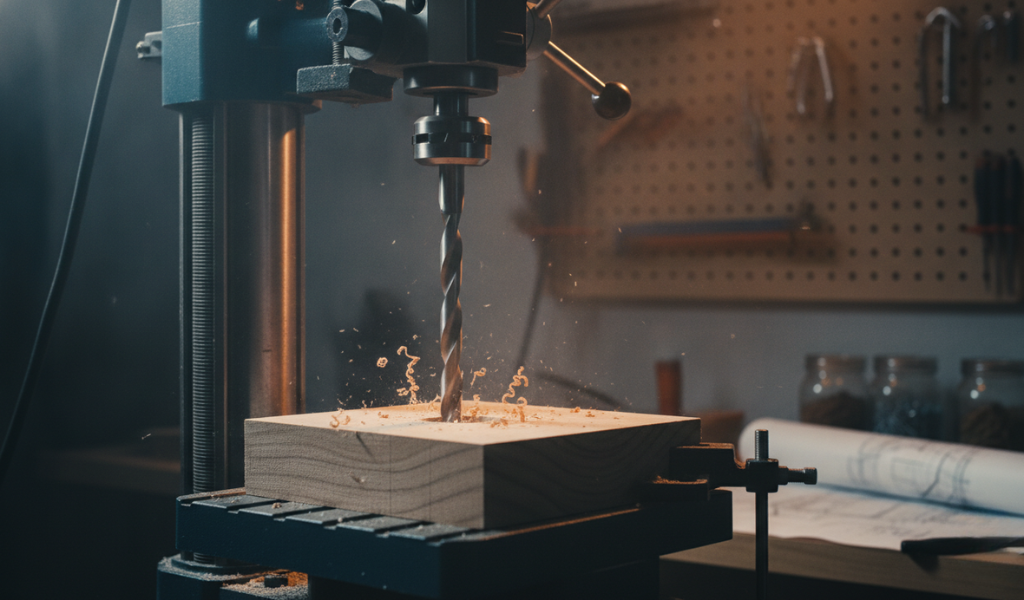  A close-up of a drill press actively drilling into a block of wood, with wood shavings flying, set in a warm workshop environment.
