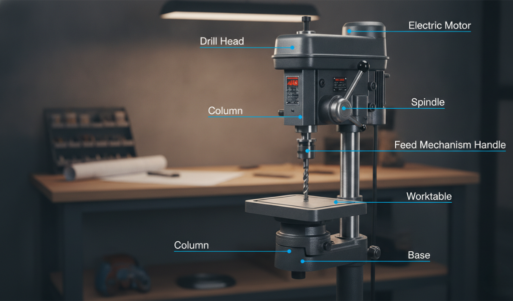  Labeled diagram of a drilling machine highlighting its core components: Electric Motor, Drill Head, Spindle, Feed Mechanism Handle, Column, Worktable, and Base.