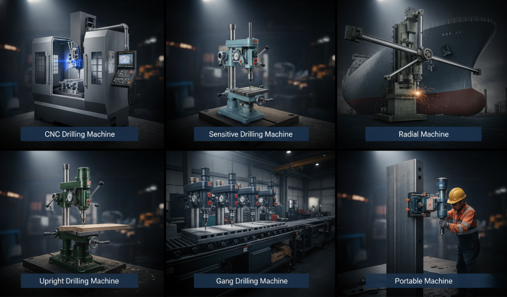 showcasing six different types of drilling machines: CNC Drilling Machine, Sensitive Drilling Machine, Radial Drilling Machine, Upright Drilling Machine, Gang Drilling Machine, and Portable Drilling Machine.
