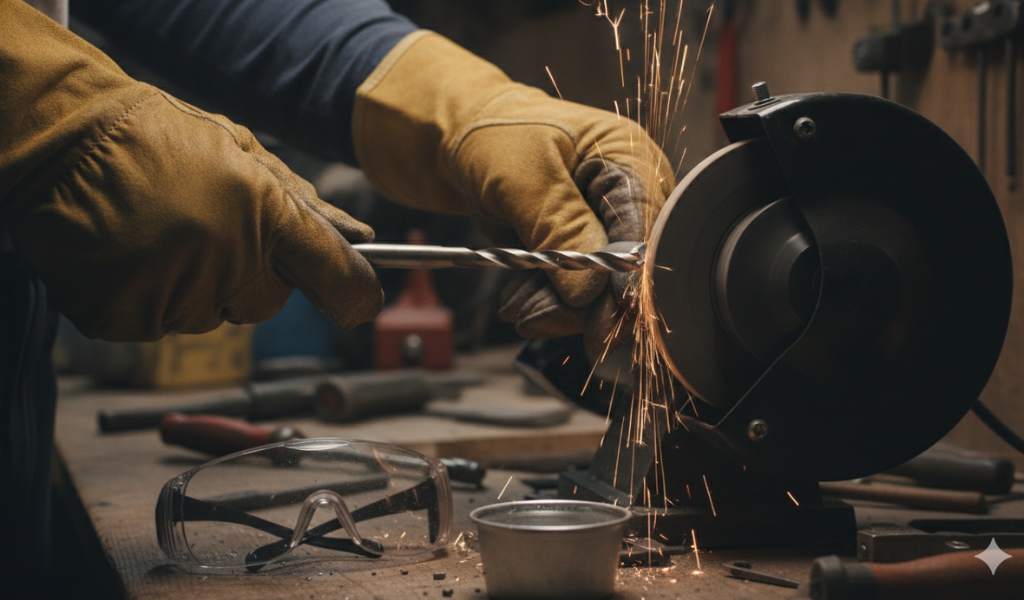 Close-up of gloved hands using a bench grinder to sharpen a drill bit, with sparks flying. Safety goggles are visible on the workbench.