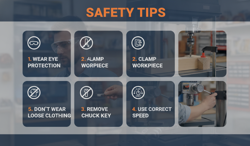 An infographic titled "SAFETY TIPS" illustrating essential safety practices for using a drilling machine, including wearing eye protection, clamping the workpiece, removing the chuck key, using correct speed, and avoiding loose clothing.