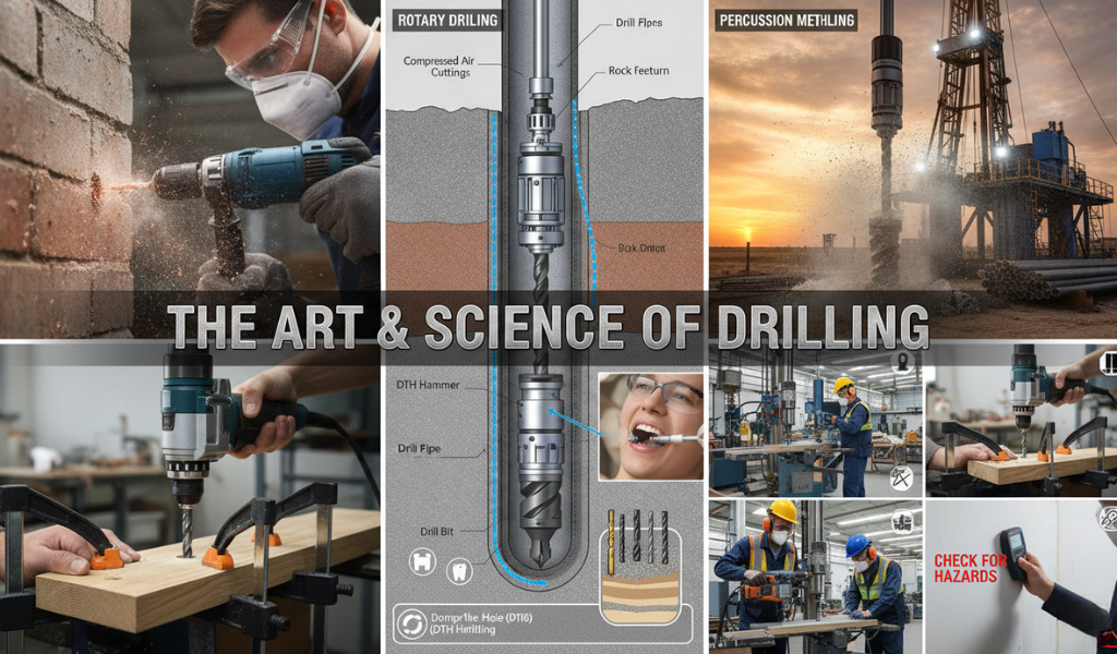 A comprehensive collage illustrating various drilling applications from home DIY to industrial rigs,