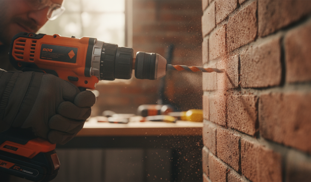  A close-up of a person wearing safety glasses and gloves, using an orange cordless drill to drill into a brick wall, with dust particles visible in the air.