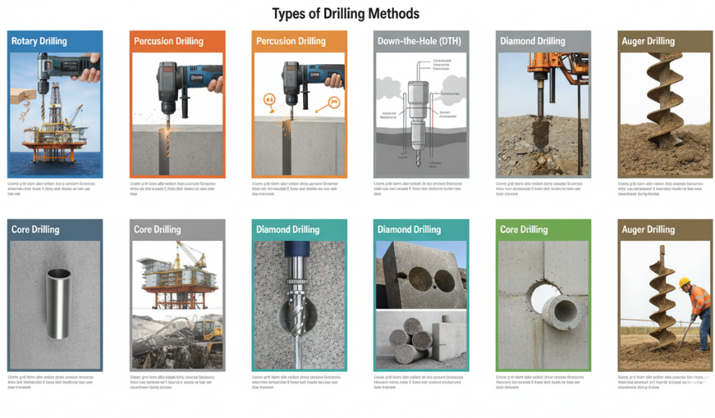 seven different types of drilling methods: Rotary, Percussion, Down-the-Hole (DTH), Diamond, Core, and Auger drilling, with examples for each