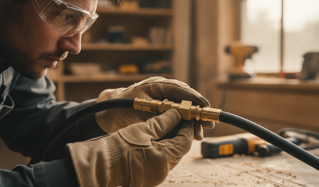 Inspect the secure connection of a high-pressure air hose coupling.