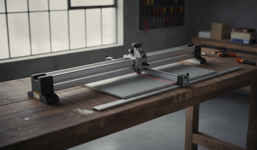 A premium manual rail tile cutter resting on a workspace counter.