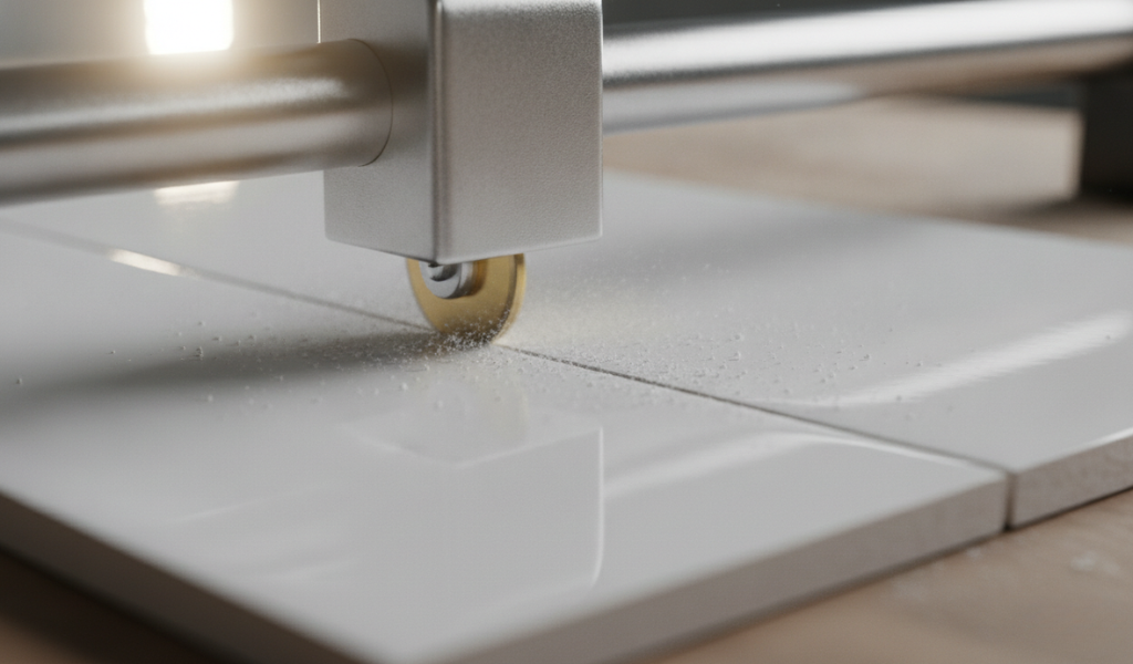 A close-up view of a manual tile cutter scoring wheel cutting.