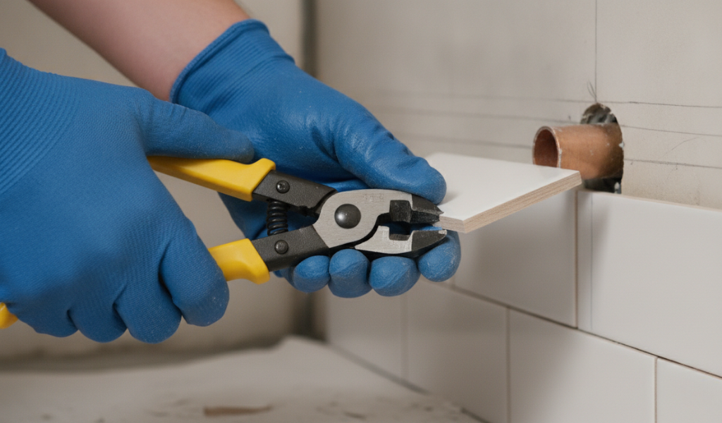 Use safety gloves for heavy-duty spring-loaded tile nippers.