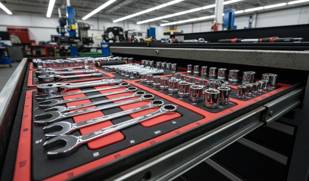 A complete set of high-quality combination wrenches and sockets organized in a professional toolbox drawer with foam inserts.