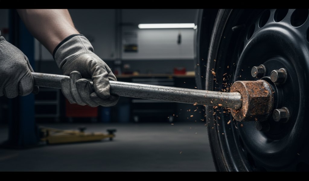 A mechanic using a long heavy-duty metal breaker bar to crack loose a severely rusted lug nut on a car tire wheel inside a garage.