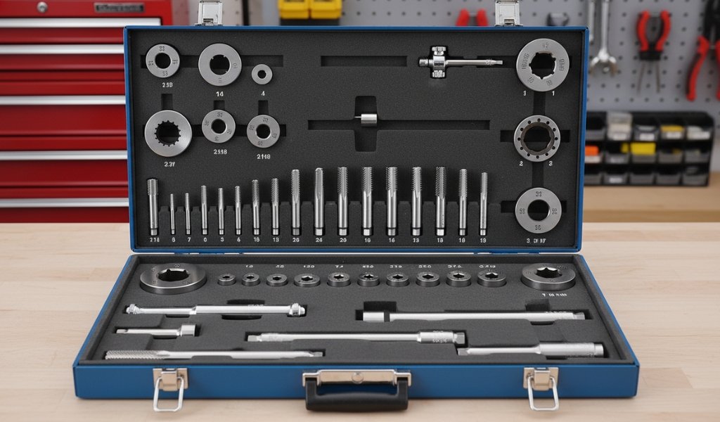 A complete precision tap and die set neatly organized inside a blue protective storage case