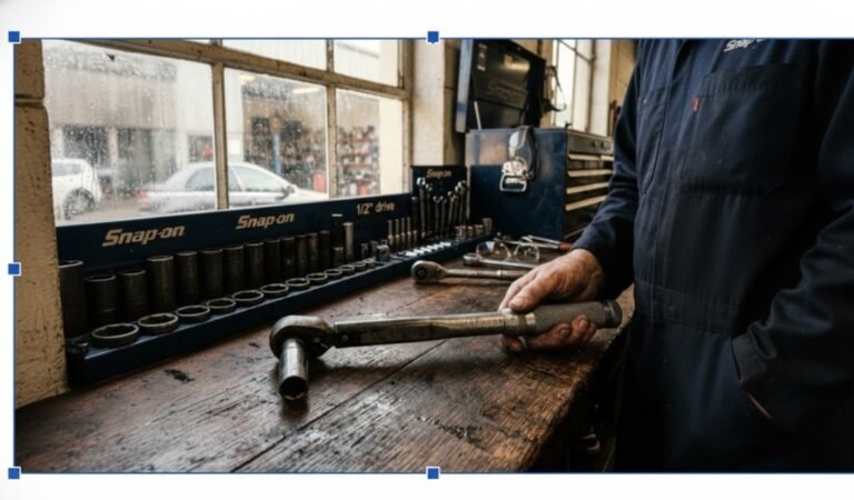 A professional mechanic showing how to set a torque wrench correctly on a garage workbench