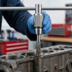 A guide on how to use a tap wrench for thread repair, showing a mechanic with blue gloves cleaning internal threads on an engine block