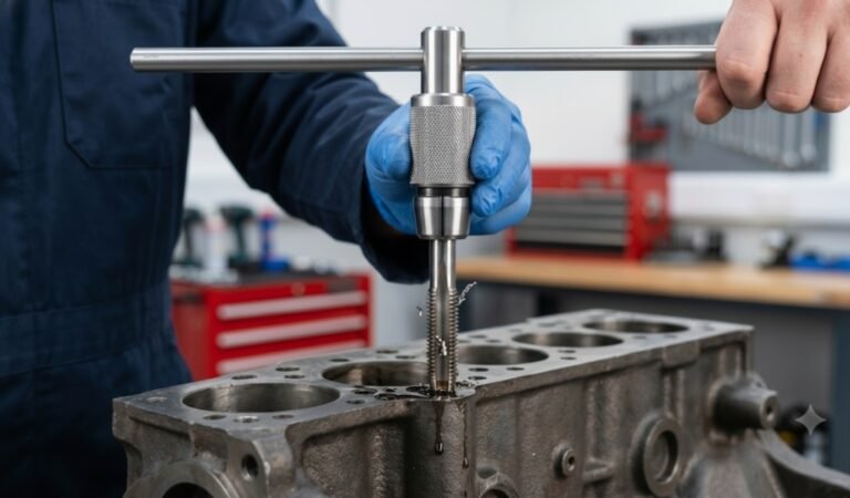 A guide on how to use a tap wrench for thread repair, showing a mechanic with blue gloves cleaning internal threads on an engine block